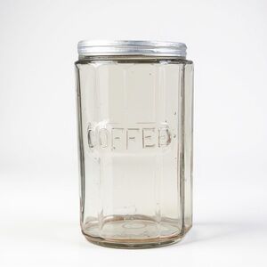 Antique Hoosier Cabinet Clear Glass 12 Panel Embossed Coffee Jar With Zinc Lid